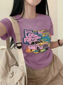 DAZY 女式夏季休闲 T 恤，带汽车和标语印花，短袖，圆领图案 T 恤，教师服装 - 紫色 - 查看 4