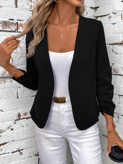 SHEIN Clasi Women's Elegant Open Front Pleated Long Sleeve Black Jacket, Versatile Fall Women Outfits