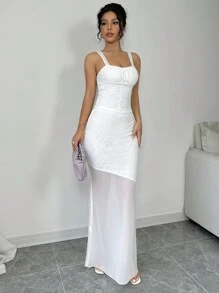 Chiquease Women's Summer Elegant Lace Ruffle Strap Skirt Set Featuring Mesh Splice And Mermaid Skirt - White - View 4