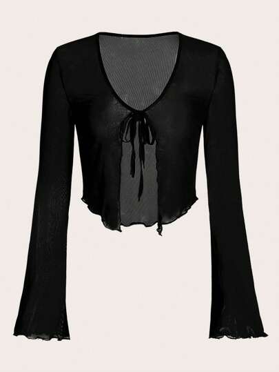 SHEIN ICON Top de malla con mangas acampanadas, abertura frontal con nudo, y ribete de lechuga. Top casual de mujer de ajuste regular, con cuello en V, mangas acampanadas con volante, y efecto colorblock en negro. Prenda de mujer sencilla para primavera/otoño y uso diario casual.