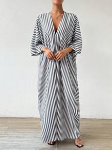 Chiquease Casual Striped Batwing Sleeve Dress For Spring And Summer - Black and White - View 5