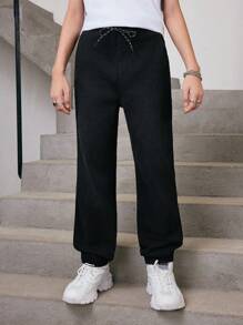 Teen Boy All-Match Casual Sporty Elastic Black Washed Jogger Jeans With Flat Pocket Design, Drawstring Waistband And Comfortable Stretch - Black - View 1