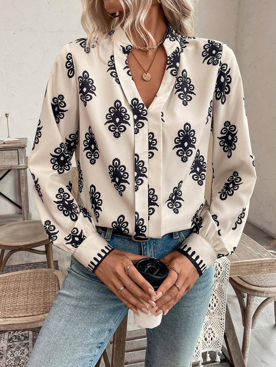 SHEIN Clasi Women's Vacation Leisure Allover Print Notch Neck Lantern Sleeve Shirt - Multicolor - View 1