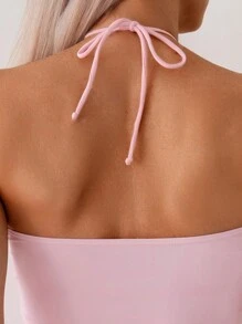 SHEIN Swim Women's Summer Beach Pink Solid Color Sleeveless Tankini With 3D Flower Decorated Ruffles And Halter Neck Design - Yellow - View 3