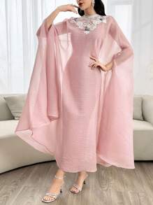 Modelyn Appliques Cloak Sleeve Dress & Mock Neck Dress 2 Pieces Set - Pink - View 5