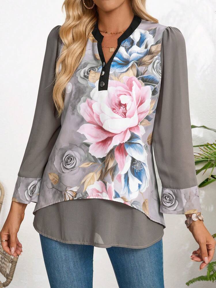 Autumn Leisure Grey Long Sleeve Shirt With Flower Print & Patched Design, Notched Neck