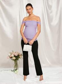 MaterniChic Maternity Off-Shoulder Fitted T-Shirt For Baby Shower Party, Summer - Purple - View 5