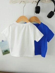 SHEIN 2 chiếc bé trai thể thao thông thường phong cách đường phố đi nghỉ mát in hình tiếng Anh áo thun ngắn tay cổ tròn thả dáng rộng rãi (1 xanh + 1 trắng), thích hợp mặc hàng ngày, đi học, du lịch, thể thao, Xuân/Hè - Màu xanh lam - Xem 2