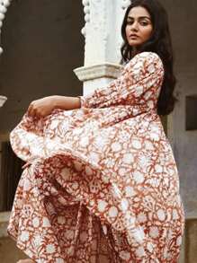 Eilly Bazar Plus Size Women Floral Print Pleated Loose Casual Dress