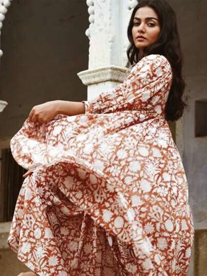 Plus Size Women Random Floral Print Ruched Loose Casual Dress