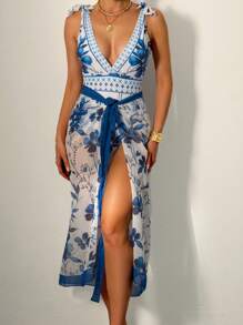 Swim Oasis 女士夏季海灘度假花卉印花肩結一件式泳衣和遮陽裙組合套裝