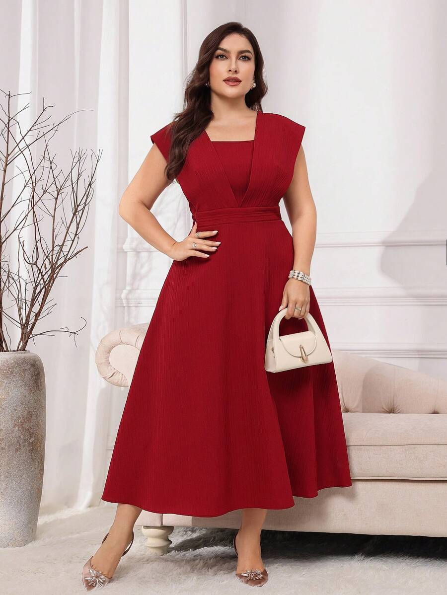 Modelyn Plus Size Burgundy Red Elegant Square Neck Short Sleeve Party Dress Long Evening Dresses