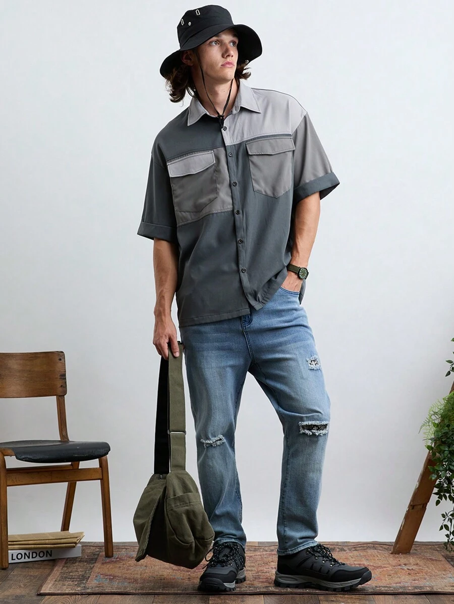Manfinity VCAY Chemise tissée à patchwork à manches courtes, à la mode, décontractée et quotidienne pour jeunes hommes - Gris - Voir 1