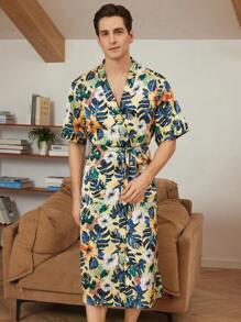 Men's Floral Print V-Neck Belted Short Sleeve Robe - Green - View 6