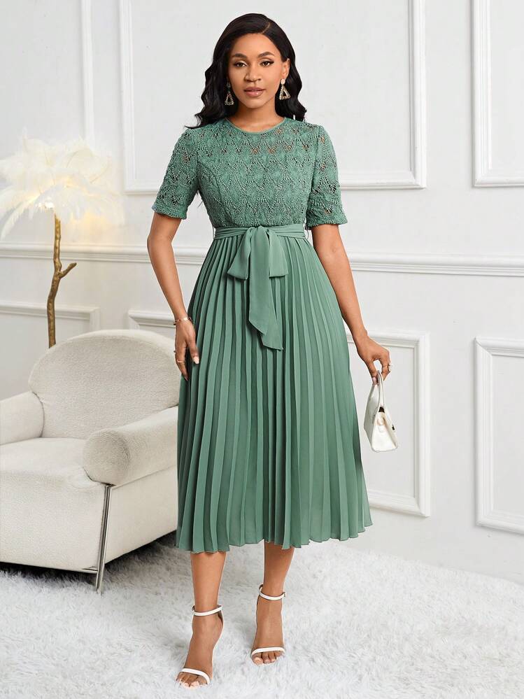 SHEIN Green Water-Soluble Lace Pleated Midi Dress Women's Wedding Guest Cocktail Belted A-Line Round Neck Regular Sleeve High Waist Elegant,S
