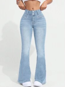 SHEIN EZwear 女士休閒寬腰喇叭牛仔褲 - 淺色水洗藍 - 查看 3