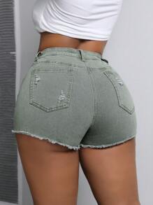 SHEIN ICON Plus Size Summer Casual Slim Fit Distressed Frayed Denim Shorts - Army Green - View 2