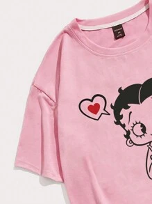 ROMWE MEN Betty Boop | ROMWE 男士夏季短袖T恤，带图案，圆领，学校 - 淺粉色 - 查看 3