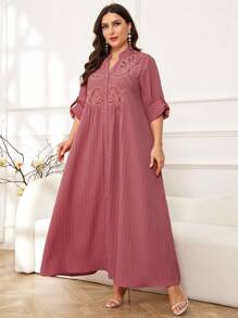 Seusyu Plus Contrast Embroidery Roll Tab Sleeve Modest Dress For Summer - Pink - View 4