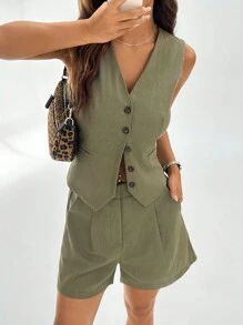 SHEIN EZwear Women's Solid Color Simple Daily Vest Suit - Green - View 6