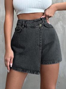 SHEIN Cottnline High Waist Wrap Denim Skort For Summer - Grey - View 5