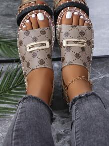 Sandali piatti da donna, sandali infradito con stampa floreale bianca e cinturino regolabile, ciabatte scorrevoli, adatti per uso interno ed esterno