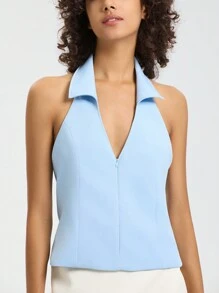 Solid Halter Backless Zipper Top - Blue - View 1