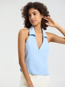 Solid Halter Backless Zipper Top - Blue - View 3