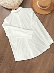 Women's Linen Button-Up Casual Basic Solid Color Long Sleeve Shirt, White, For Spring And Summer - White - View 2