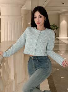 DAZY 女士簡約純色休閒長袖短外套 - 藍色 - 查看 9