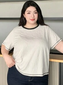 Dazy Plus 大码拼色提花宽松短袖 T 恤 - 米色 - 查看 1