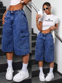 SHEIN EZwear Quần short denim ống rộng rộng thùng thình dành cho nữ bảo hộ lao động có túi, dài đến giữa bắp chân - Rửa tối - Xem 6