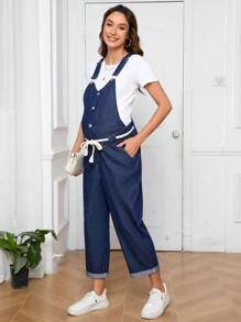 SHEIN Maternity Button Front Denim Overalls Without Tee - Medium Wash - View 4