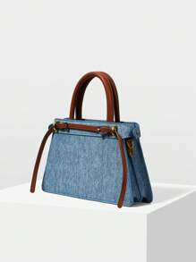 MOTF PREMIUM CONTRAST BUCKLE DETAIL DENIM-EFFECT PRINT TOP HANDLE BAG - Blue - View 4