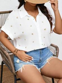 SHEIN Frenchy Vải Crape thêu tinh xảo cỡ lớn, Áo sơ mi họa tiết màu trắng, Quần áo mùa thu, Thoải mái, Boho, Thời trang, Giáo viên thanh lịch, Quần áo trở lại trường - trắng - Xem 6