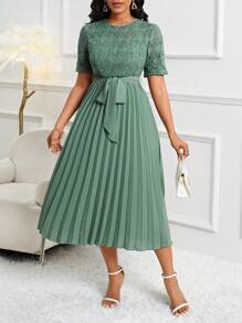 SHEIN Lady Wedding Guest Dress Water-Soluble Lace Pleated Waist Belted Women's Dress