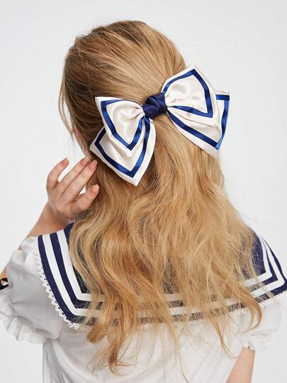 J-Fashion Navy Style Double-Layered Bow Hair Clip With Satin Ribbon