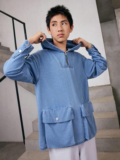 SHEIN 青少年男孩休閒帽套牛仔外套，多口袋戶外工作服