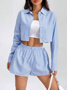 SHEIN PETITE 女士长袖条纹衬衫和短裤两件套 - 藍白色 - 查看 4