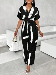 SOLERSUN 隨機印花休閒夏季連身褲，蝙蝠袖和腰帶 - 黑色 - 查看 3