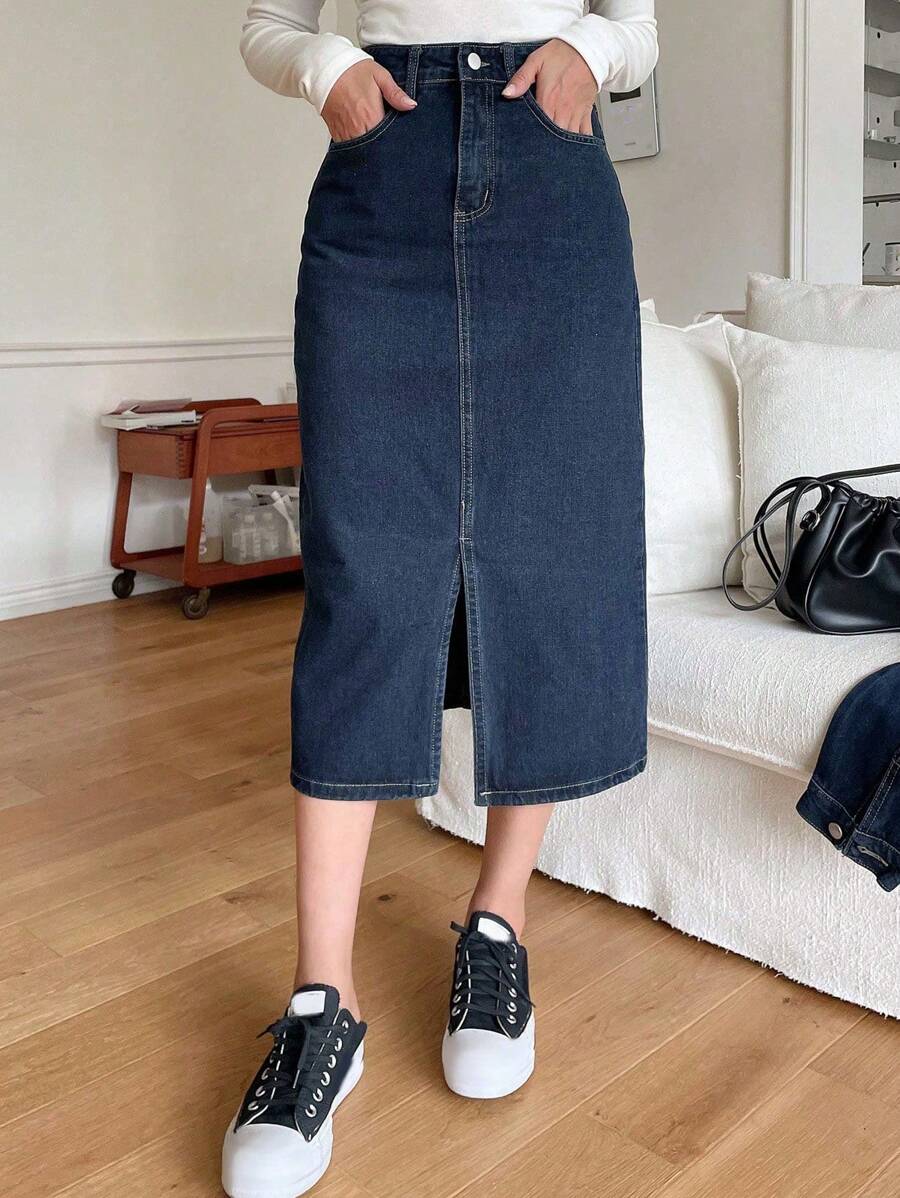DAZY Split Hem Slant Pocket Denim Skirt Jeans Skirt - Blue - View 1