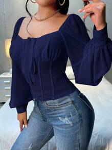 SHEIN SXY Spring And Summer Sweetheart Neckline Knot-Front Long-Sleeved Chiffon Shirt,Long Sleeve Tops - Navy Blue - View 5