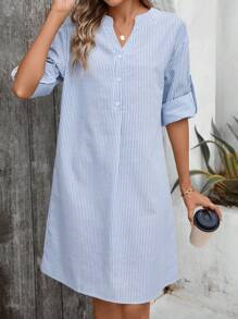 SHEIN LUNE Women's V-Neck Striped Casual Everyday Outing Dress With Buttons - Blue and White - View 7