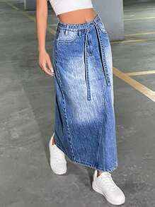 SHEIN Cottnline BELT AND SLIT DETAIL MAXI DENIM SKIRT - Medium Wash - View 4