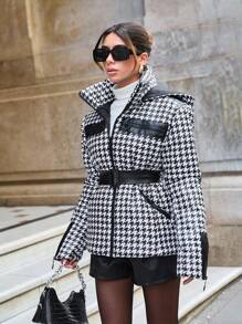 RueChic Houndstooth Pattern Puffer Coat With Zipper And 2 Pocket - Black and White - View 6
