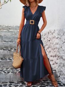 EMERY ROSE Váy xẻ đùi viền bèo nhún cho kỳ nghỉ hè, trang phục đi biển Maxi cho phụ nữ - Màu xanh hải quân - Xem 7