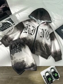 SHEIN Modischer Batikdruck im Streetstyle für Kleine Jungen kombiniert mit Buchstabenmuster, Set aus Kapuzensweatshirt, Jacke und Shorts, sowohl sportlich als auch modisch bequem, kann auch mit anderen Artikeln für einen coolen und vielseitigen Look kombiniert werden. Perfekt für Ausflüge und Shopping im Frühling und Herbst. - Schwarz und Weiss - Übersicht 1