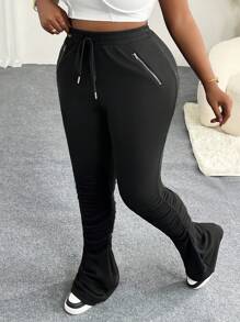 Slaydiva Plus Size Street & Casual Style Black Solid Color Decorative Zipper Joggers For Women, Ankle Length, Autumn/Winter