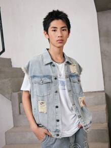 Teenage Boys' Denim Jacket, Fashionable Retro Casual Vintage Distressed Washed Denim Coat