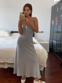 DAZY Striped Spaghetti Strap Dress With Waist Belt For Women Sundress,Casual Women Dresses Maxi Dress - Black - View 6